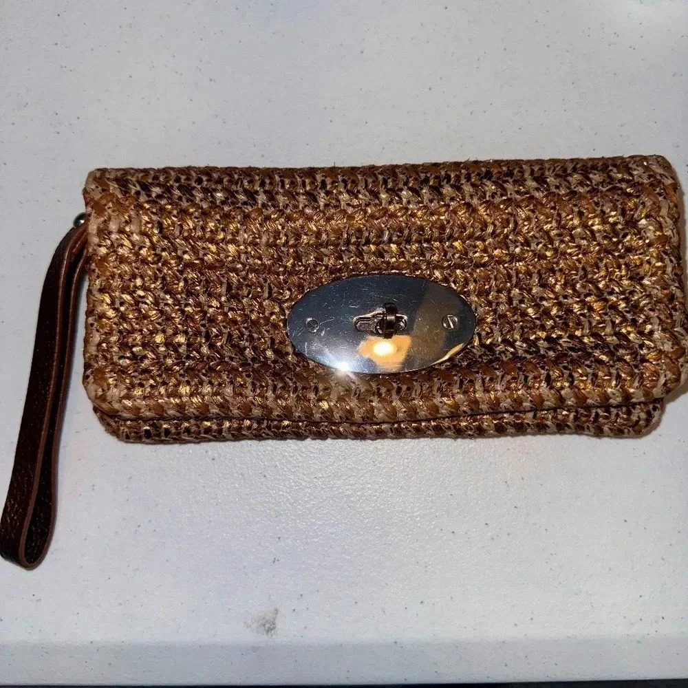 EUC Gap Metallic Woven Wristlet Cloth Purse Bag Gold Tan